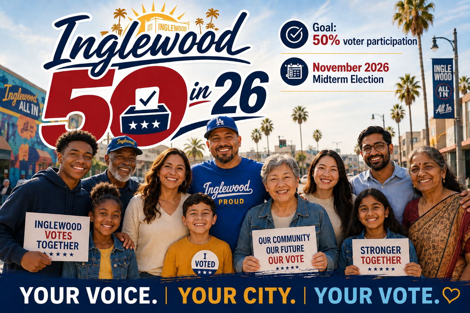 Inglewood 50 in 26 — a diverse group of Inglewood residents and families in downtown Inglewood holding signs reading Inglewood Votes Together, Our Community Our Future Our Vote, and Stronger Together. Goal: 50% voter participation, November 2026 midterm election. Your Voice. Your City. Your Vote.
